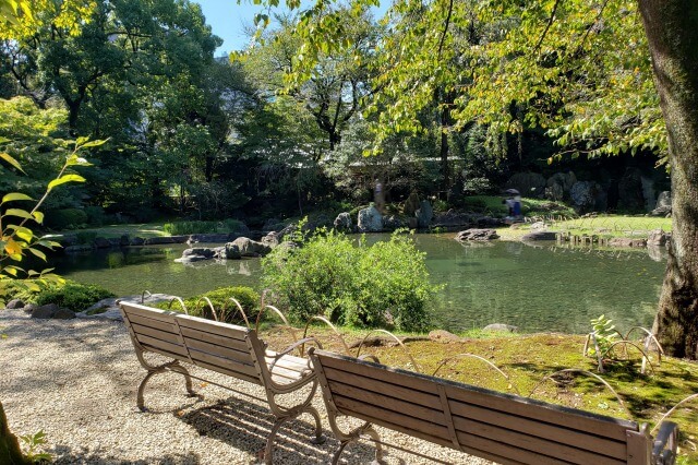 靖国神社の神池庭園｜池には錦鯉が泳ぐ優雅な回遊式庭園
