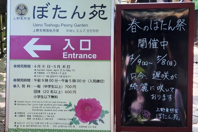 上野東照宮のぼたん苑の入場料は？